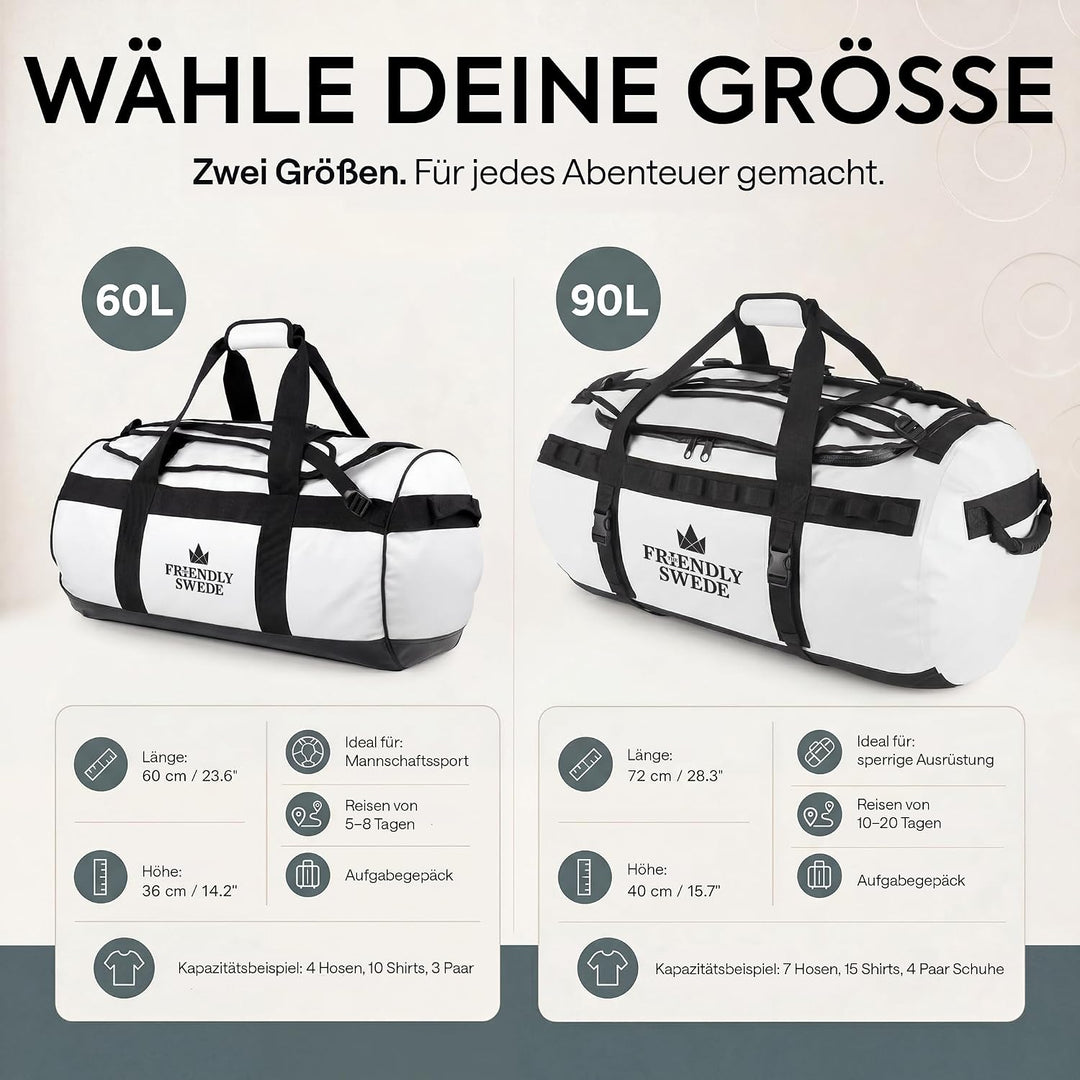 The Friendly Swede Wasserfeste Reisetasche Duffle Bag Rucksack - 30L / 60L / 90L - Seesack, Sporttas