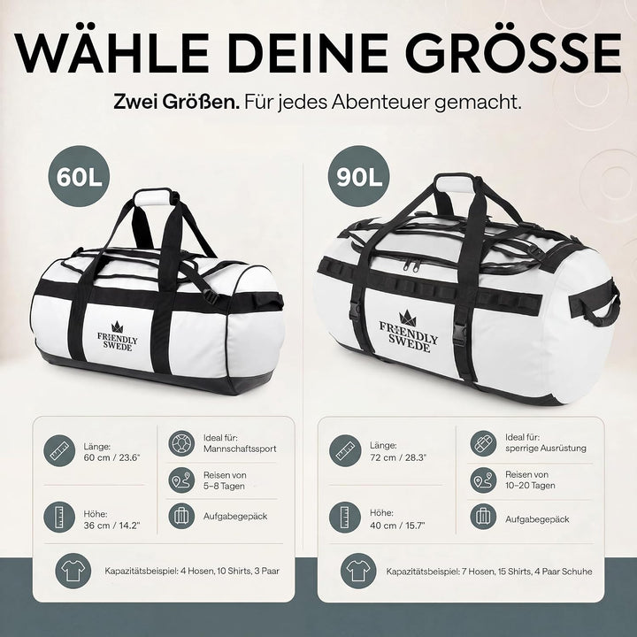 The Friendly Swede Wasserfeste Reisetasche Duffle Bag Rucksack - 30L / 60L / 90L - Seesack, Sporttas