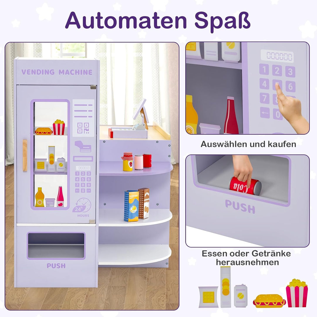 COSTWAY Kinder Kaufladen, Kaufmannsladen aus Holz mit Seitentheke, Supermarkt-Set mit Kasse, POS-Mas