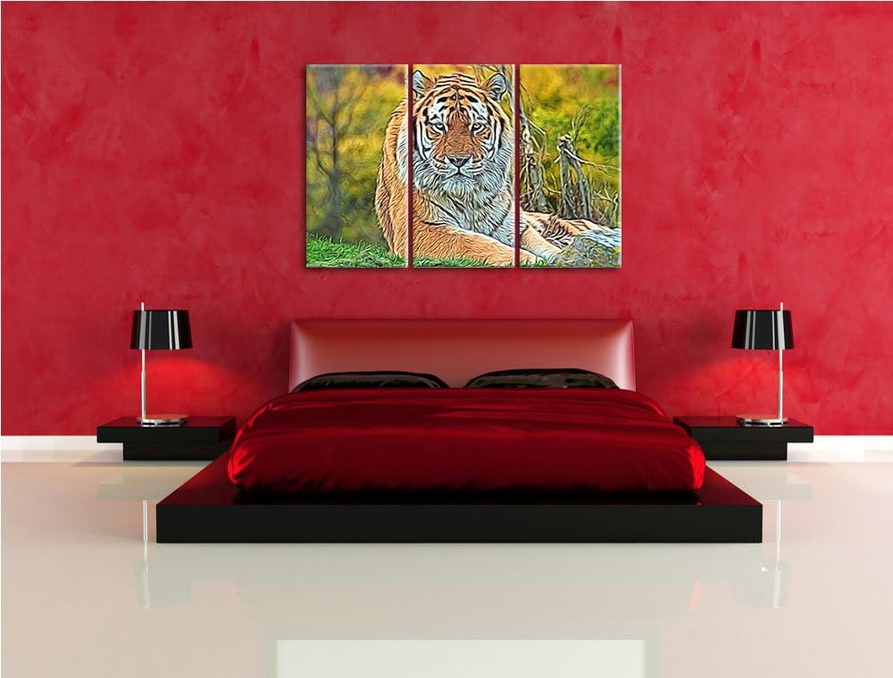 schöner Tiger auf Wiese NewArt 3-Teiler Leinwandbild 120x80 Bild auf Leinwand, XXL riesige Bilder fe