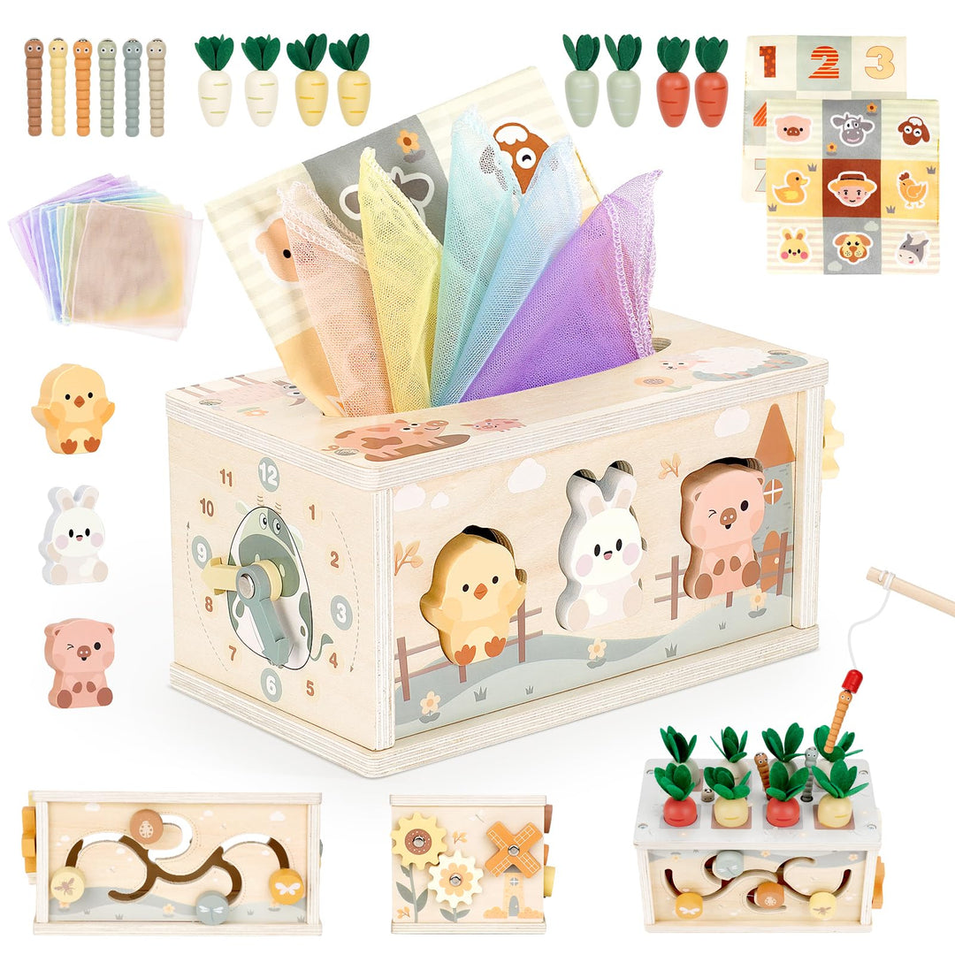 Vanplay Montessori Spielzeug Baby 12 Monate, 6 in 1 Tücherbox Baby Spielzeug ab 1 Jahr, Holzspielzeu