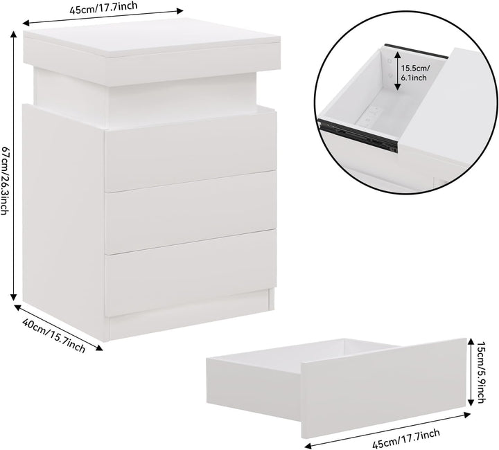 PIPIPOXER 1er Set Nachttisch mit Steckdose, Nachtschrank mit Led Licht, Nachtkommode mit 3 Schublade