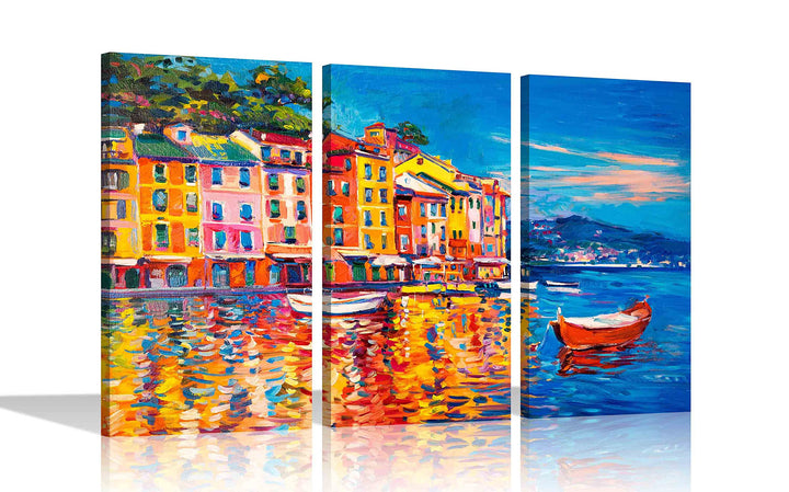 Kunstdruck auf Leinwand, Motiv Stadt und Boote, 3-teilig, 50 x 25 cm, 3 Stück 50 x 25cm (20 x 10 inc