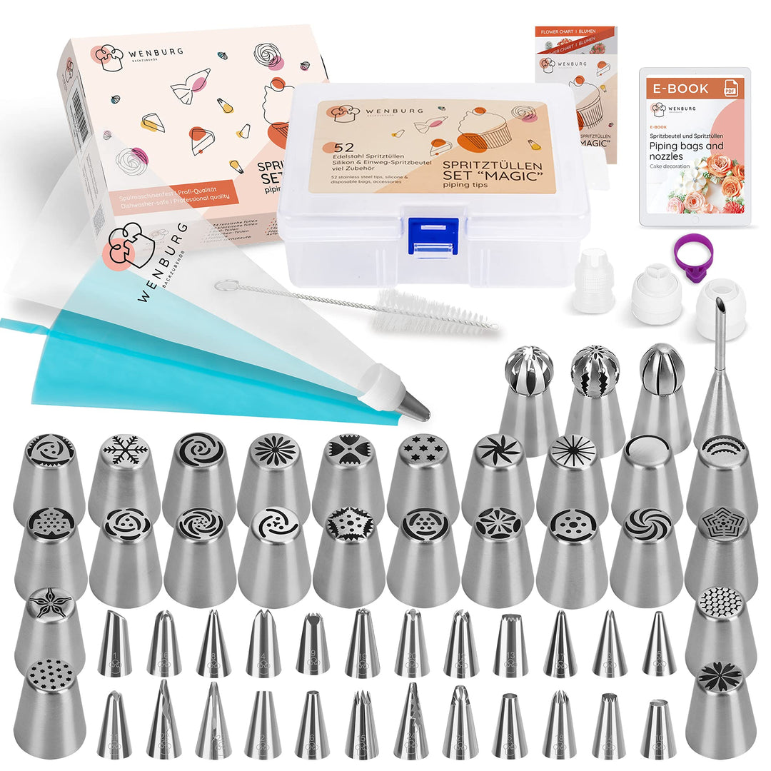 Wenburg Russische Edelstahl Spritztüllen Set: 52 Profi Tüllen - grosse, rüschen, Ball-Aufsätze, Füll