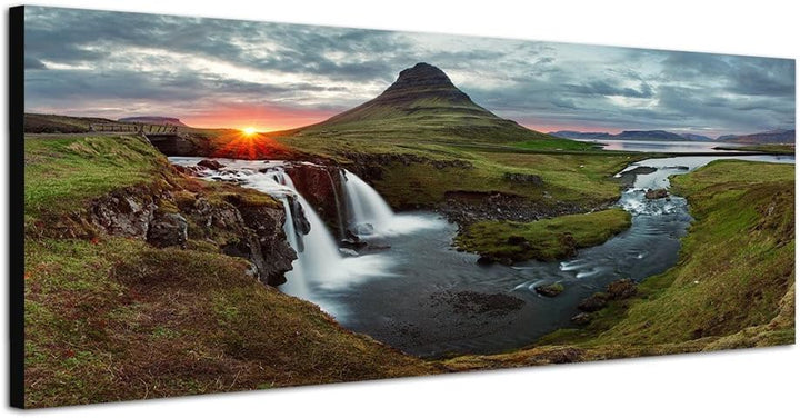Paul Sinus Art Panoramabild auf Leinwand und Keilrahmen 120x40cm Island Landschaft Berge Wasser Aben
