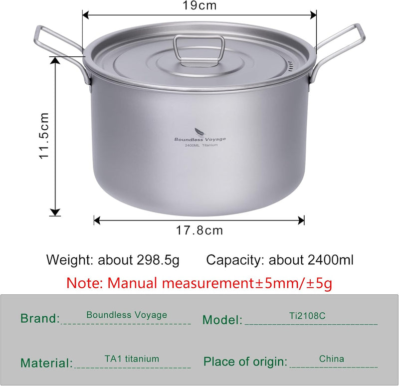 iBasingo Camping Kochtopf Outdoor Titan Kochgeschirr 1.4L 1.6L 2.4L Saucentopf Feuertopf für 1-3 Per