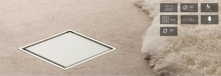 Confluo Bodenablauf Punktablauf 15x15 cm Weiss Glas Abdeckung – wählbare Abdeckungen u. Ablaufgarnit