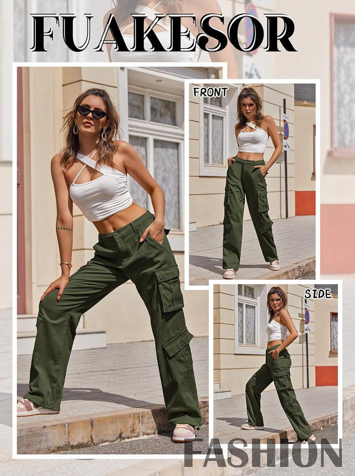 Cargohose Damen Baggy Y2K Multi Taschen High Waist Stretch Wanderhose Sport Jogginghose mit Elastisc