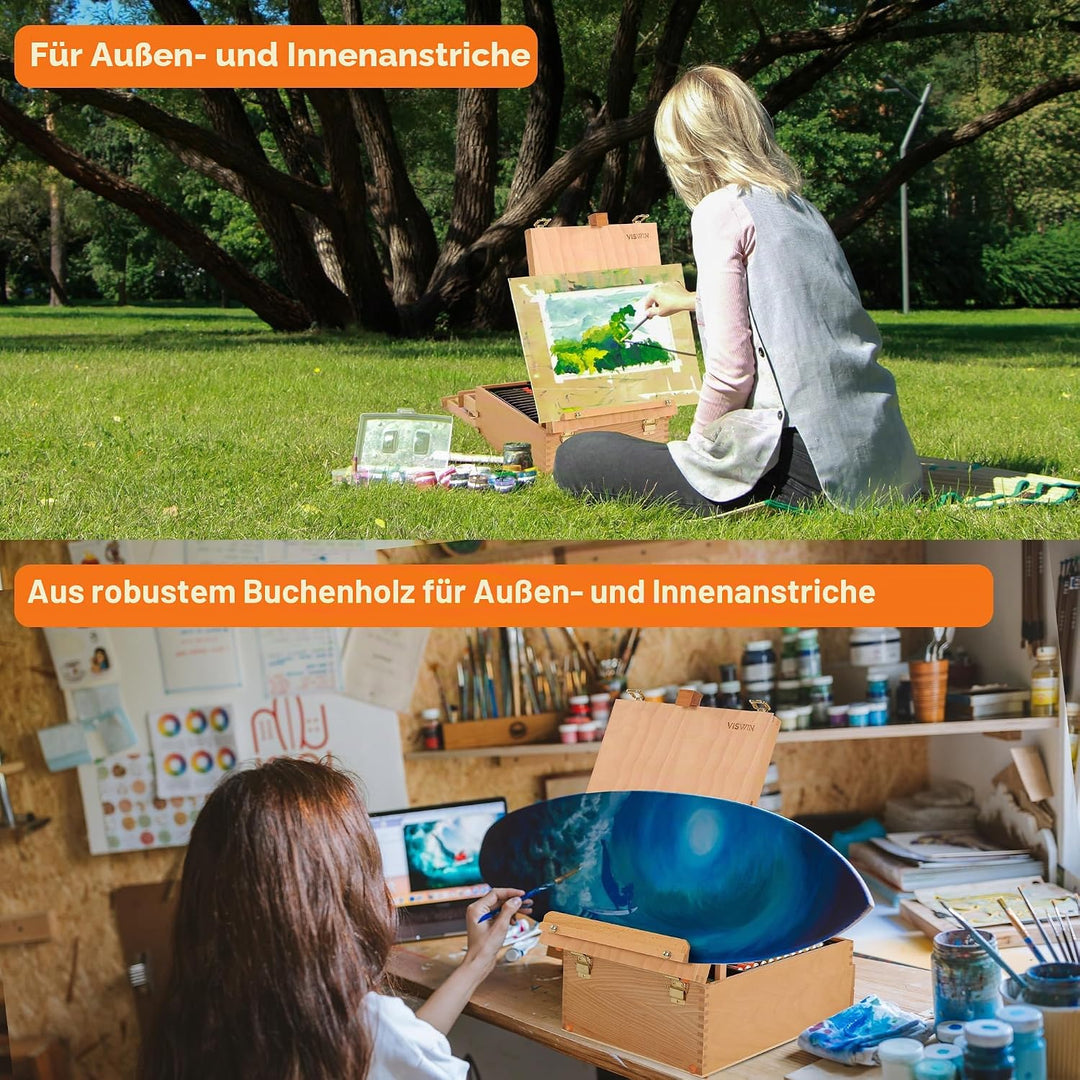 VISWIN Grosse Tisch-Staffelbox mit 3 Schubladen, Hält Leinwände bis zu 63 cm, tragbare Staffeleibox
