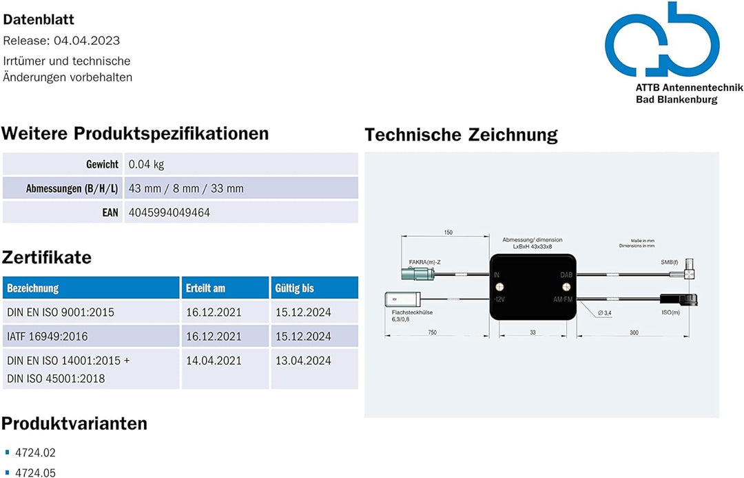 ATTB 4724.01 Weiche (AM, FM, DAB, DAB+), Antennentechnik Bad Blankenburg, Rundfunkverteiler für Fahr