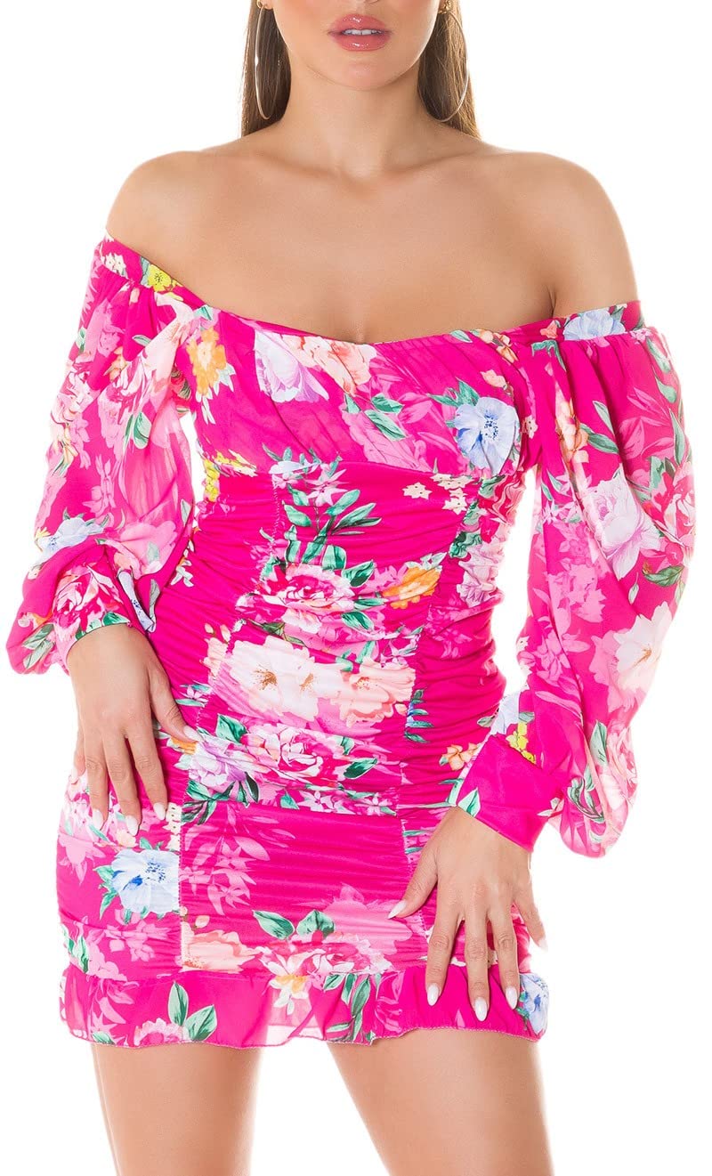 Flower Printed Romantic Off Shoulder Minikleid mit Ballon-Ärmel Einheitsgrösse Rosa, Einheitsgrösse