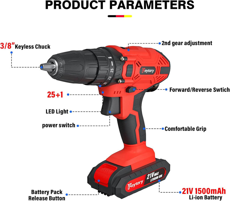 Akku Bohrmaschine 21V Akku Akkuschrauber Set mit 3/8&