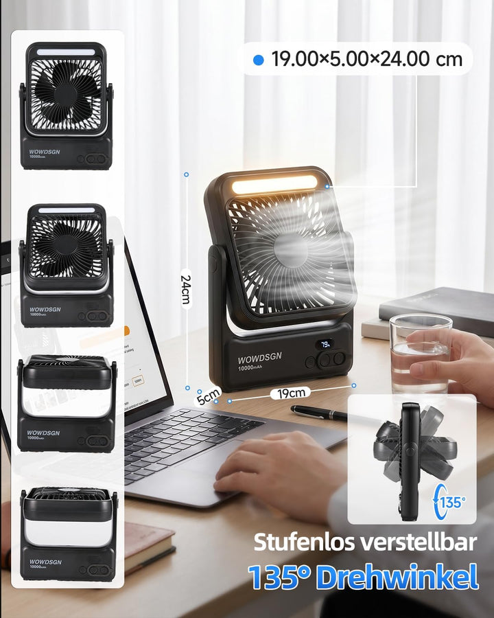 WOWDSGN 𝐌𝐚𝐠𝐧𝐞𝐭𝐢𝐬𝐜𝐡𝐞𝐫 Ventilator 𝟏𝟎𝟎𝟎𝟎𝐦𝐀𝐡 Akku, Tischventilator USB mit LED-Nachtlicht &amp; Haken, Power