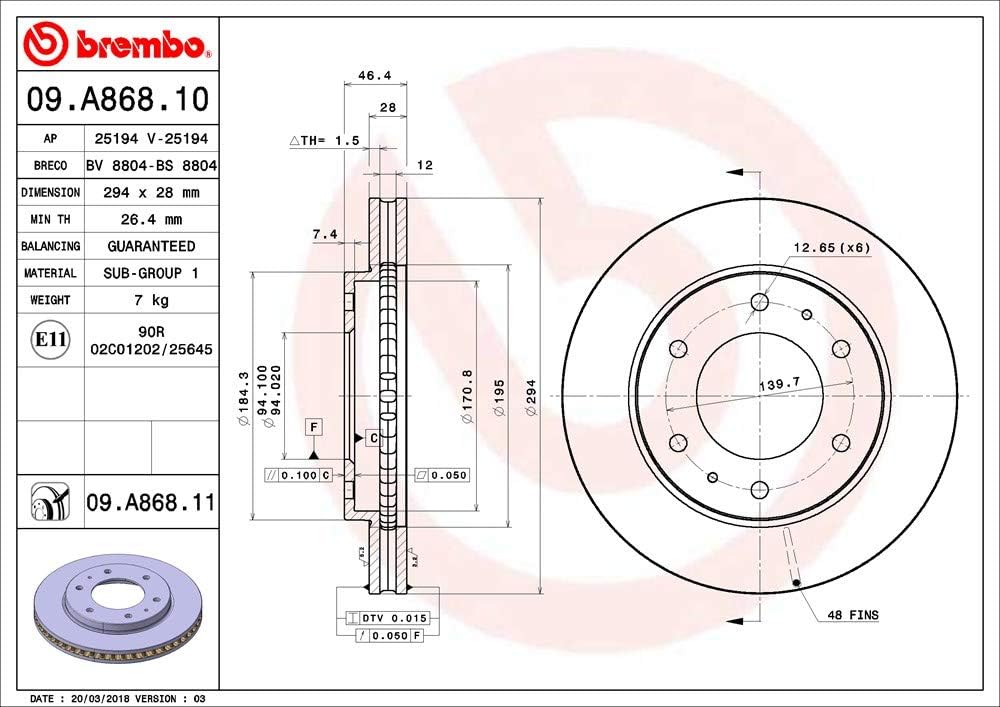 Brembo 09.A868.11 - Bremsscheibe mit UV-Lackierung (2 Bremsscheiben pro Verpackung) - Vordere