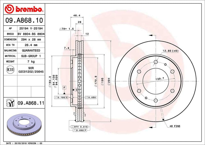 Brembo 09.A868.11 - Bremsscheibe mit UV-Lackierung (2 Bremsscheiben pro Verpackung) - Vordere