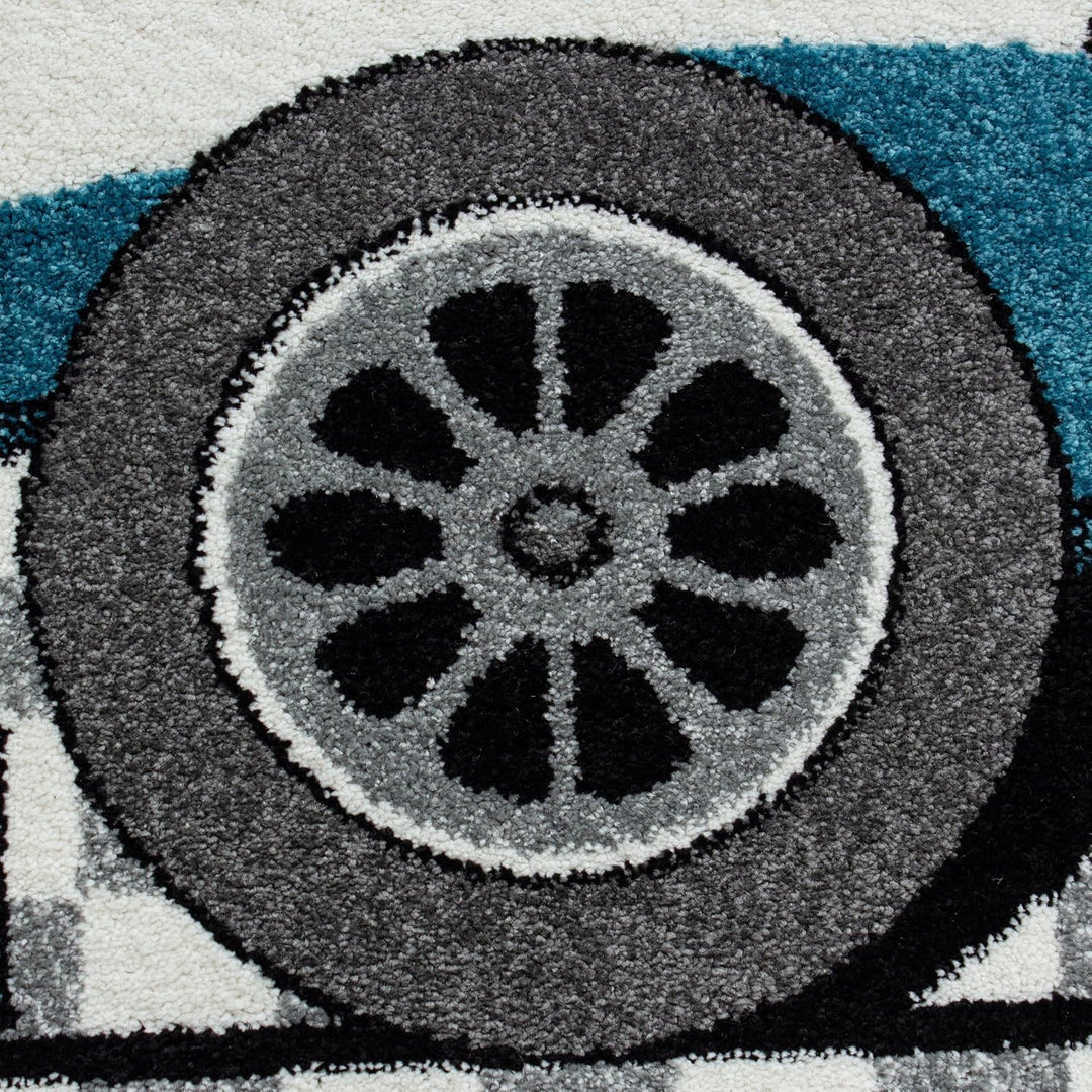 Kinderteppich Blau 80x150 cm Rennwagenmuster Läufer Jungen Teppich Kinderzimmer Kurzflor Teppich Ext