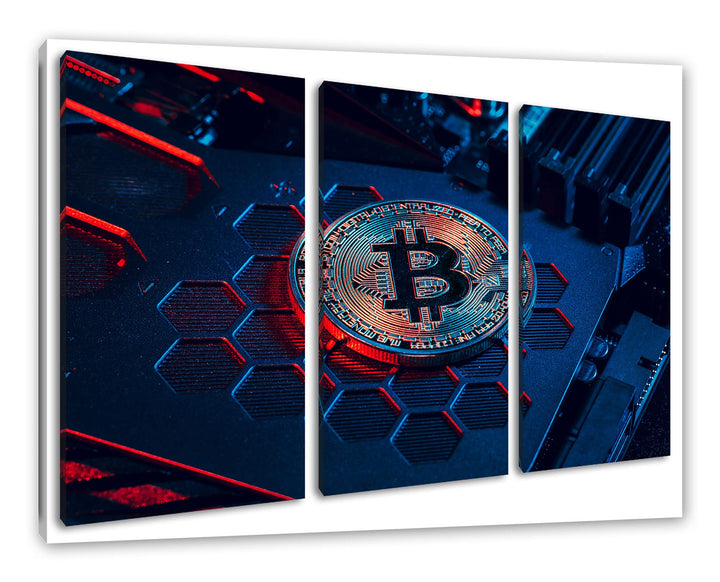 Bitcoin BTC auf Computerchipals Leinwandbild 3 teilig | Grösse: 120x80 cm | Wandbild | Kunstdruck |