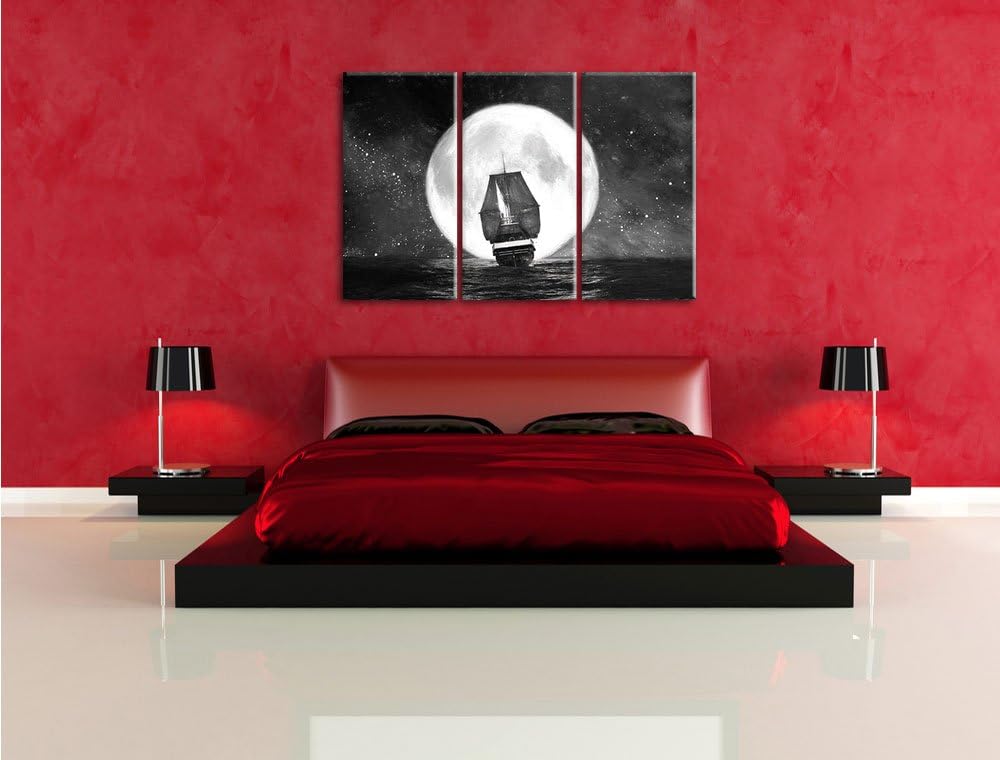 Pixxprint Segelschiff bei Vollmond Kunst / 3-Teilig/Gesamtmass 120cm Leinwandbild bespannt auf Holzr