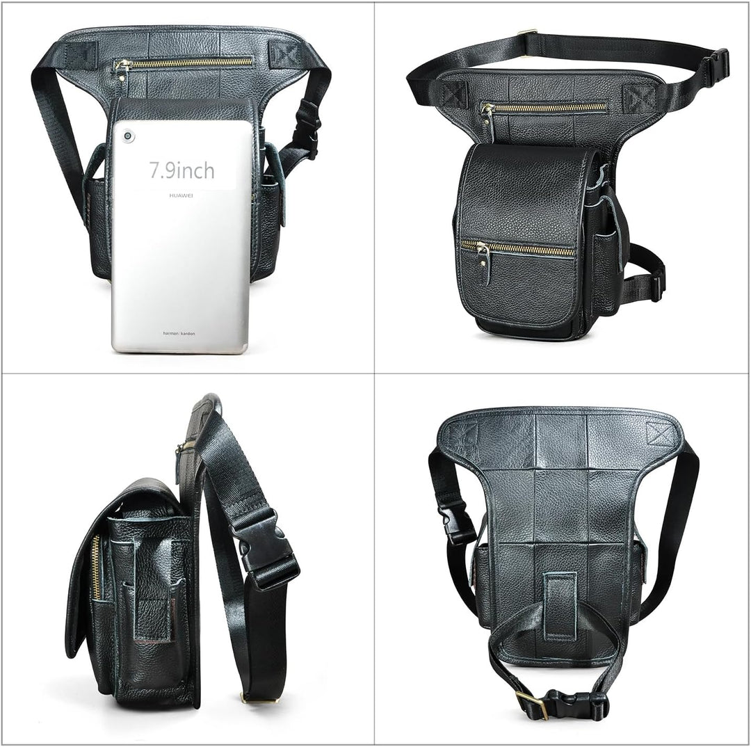 Herren Canvas + Leder Motorrad Reiten Tasche Beinbeutel Beintasche Aussenbeintasche Hüfttasche Drop
