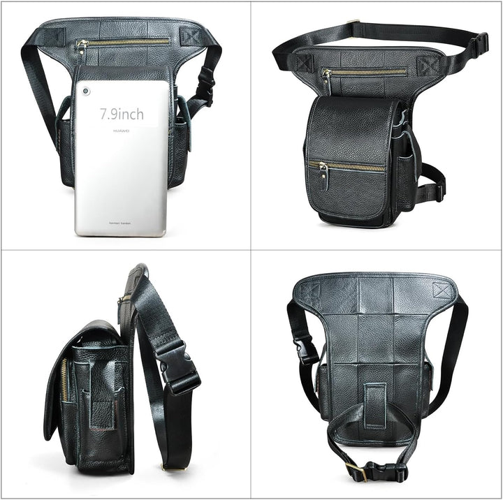 Herren Canvas + Leder Motorrad Reiten Tasche Beinbeutel Beintasche Aussenbeintasche Hüfttasche Drop
