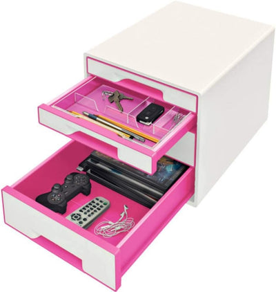 Leitz CUBE Schubladenbox mit 4 Schubladen, Weiss/Pink, A4, Inkl. transparentem Schubladeneinsatz, WO