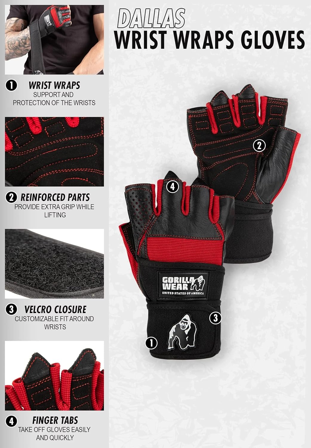 Gorilla Wear - Dallas Wrist Wrap Gloves - Schwarz/Rot - Bodybuilding und Fitness Accessoires für Dam