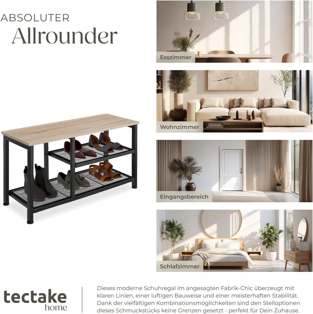tectake® Schuhregal schmal mit Sitzfläche, Schuhbank 3 Ebenen, 2 Gitterablagen, Schuhregal platzspar