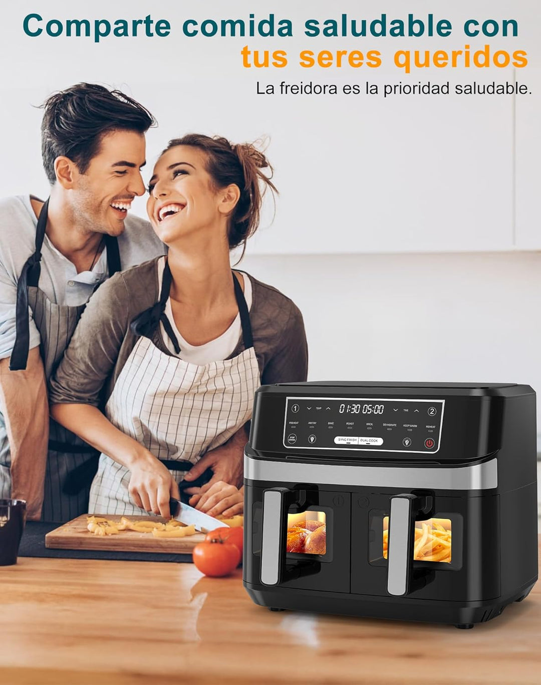 Heissluftfritteuse 2 Kammern mit Sichtfenster, 10L XXL Kapazität Doppel-Airfryer, 8-in-1 Kochvorgabe