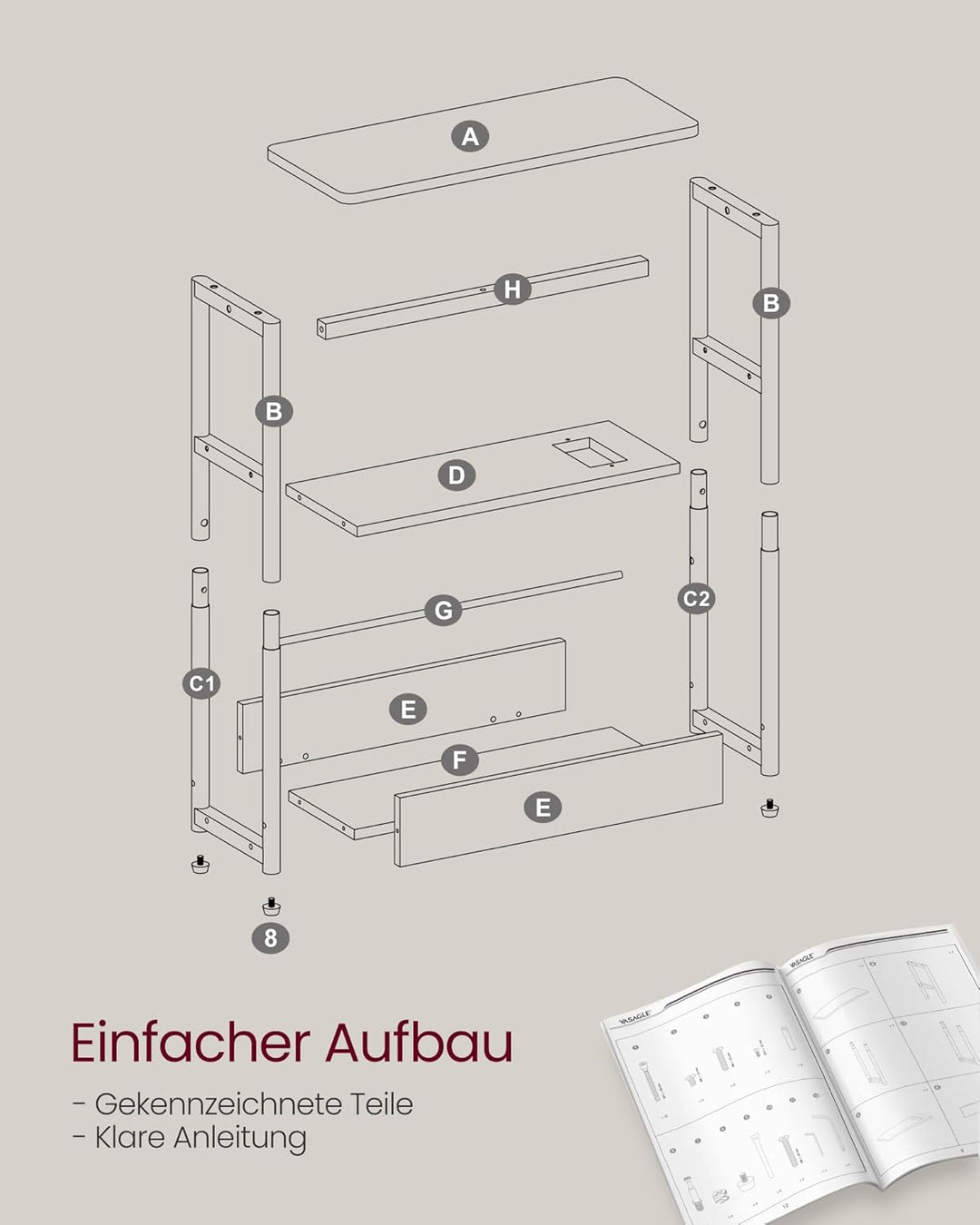 VASAGLE Beistelltisch schmal, Nachttisch mit Ladefunktion, Couchtisch klein, 3 Ablagen, Zeitschrifte