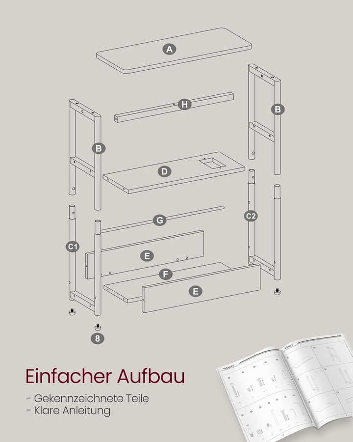 VASAGLE Beistelltisch schmal, Nachttisch mit Ladefunktion, Couchtisch klein, 3 Ablagen, Zeitschrifte