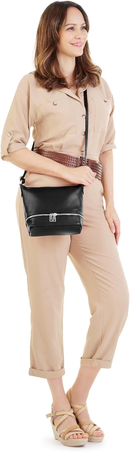 Umhängetasche Echt Leder Damen | Made in Italy, verstellbarer Schultergurt, Handtasche mit Reissvers