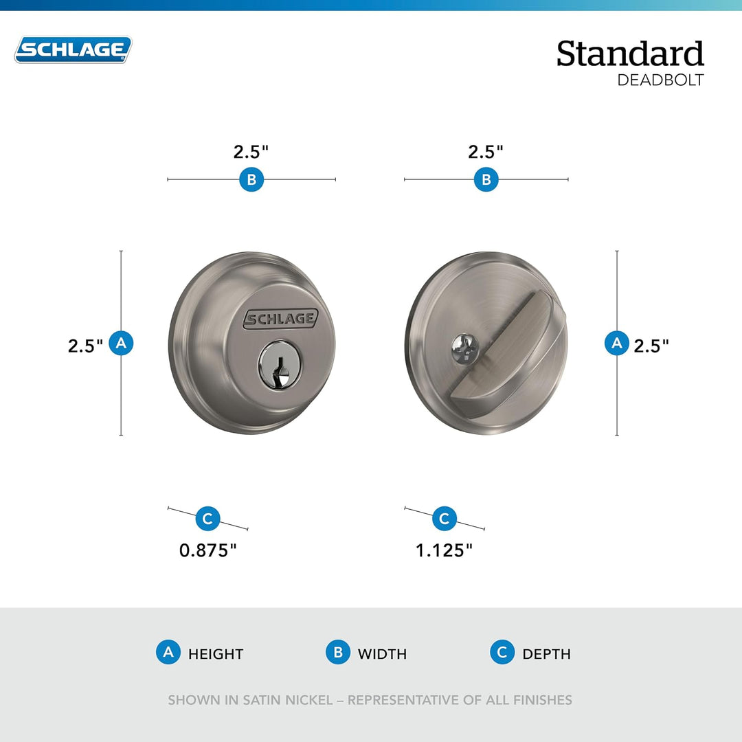 SCHLAGE B60N626 Deadbolt with Standard Trim Keyed 1 Side, Highest Residential Security, Satin Chrome