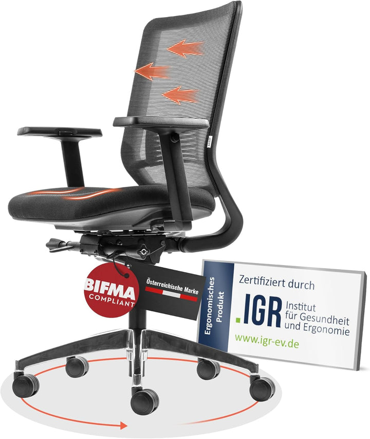Yaasa Chair Ergonomischer Bürostuhl, Schreibtischstuhl mit Lordosenstütze, 3D-Armlehnen und Einstell
