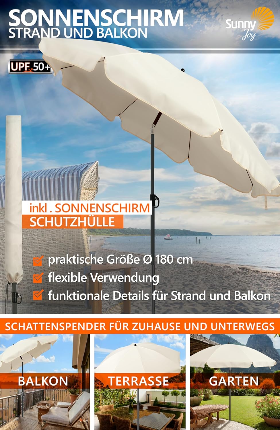 4smile Sonnenschirm Balkon Ø 180cm, Beige - Sonnenschirm Strand mit Hülle - Balkonschirm mit Knickfu