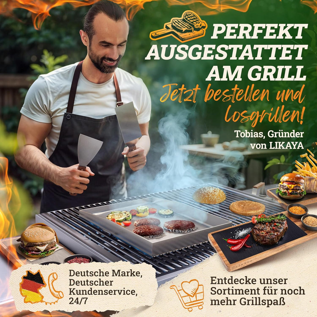 LIKAYA [BUNDLE] Plancha Edelstahl Grillplatte [40x40cm] + Burger-Smasher Set – 4x Grillspachtel &amp; Bu