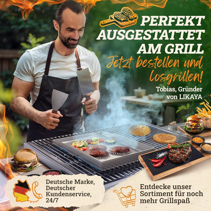 LIKAYA [BUNDLE] Plancha Edelstahl Grillplatte [40x40cm] + Burger-Smasher Set – 4x Grillspachtel &amp; Bu