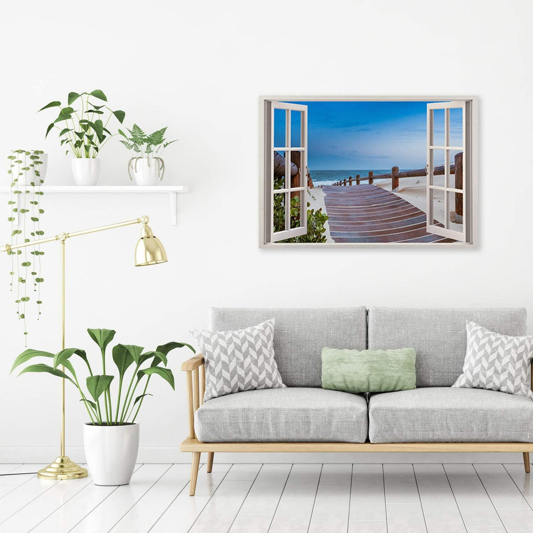 Feeby Wandbild Fenster-Illusion Druckbild Leinwandbild Landschaft Blau 90x60 cm Leinwandbild 90x60 c