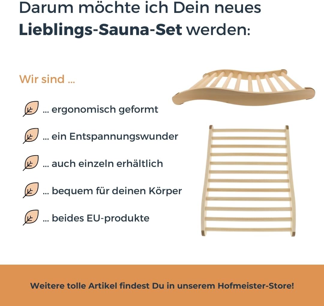 HOFMEISTER® Sauna Set Rückenlehne Holz – Rückenlehne XXL und Normalgrösse, ergonomisch geformt, ruts