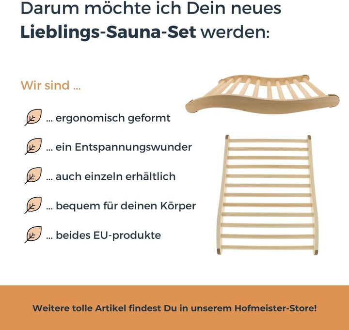 HOFMEISTER® Sauna Set Rückenlehne Holz – Rückenlehne XXL und Normalgrösse, ergonomisch geformt, ruts