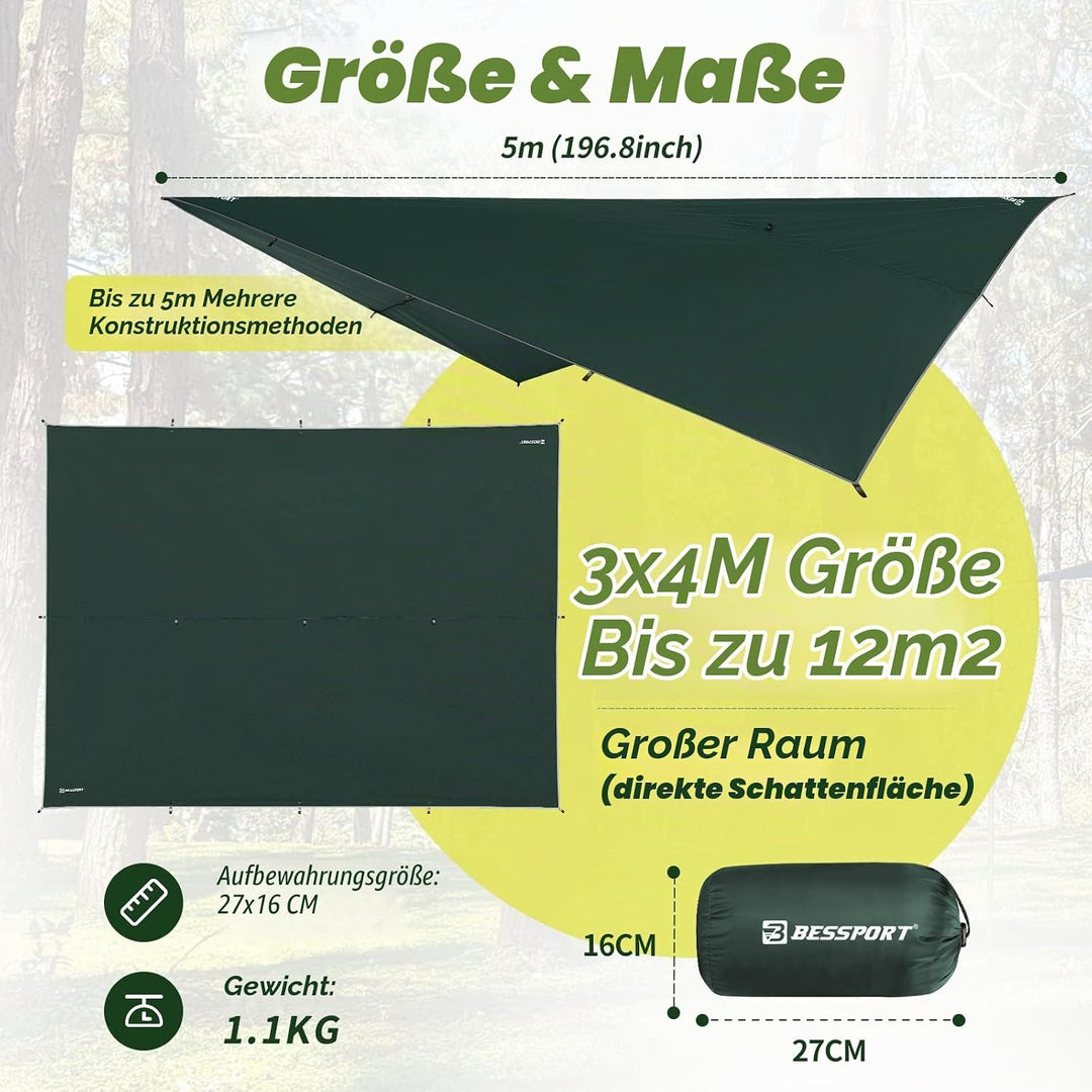 Bessport Zeltplane, Camping Zelt Tarp 3m x 3m/3m x 4m Wasserdicht PU3000 mm Tarp für Hängematte, mit