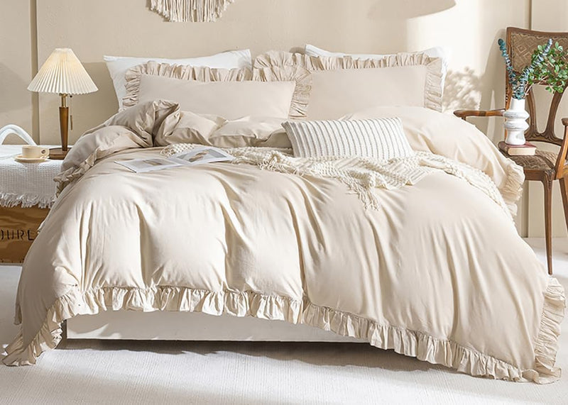 AShanlan Bettwäsche Rüschen 135x200 Beige Uni Einfarbig Romantisch Rüschenbettwäsche Set 2 Teilig Mi