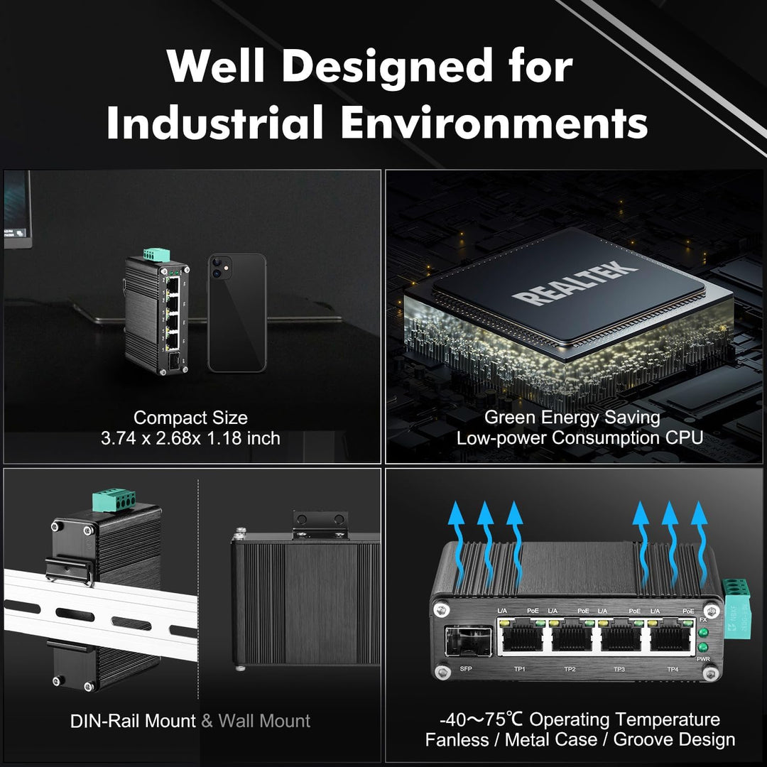 MokerLink 5 Port Gigabit Industrial Solar Battery UPS PoE Switch, Eingang DC9V-54V to Ausgang DC48V,