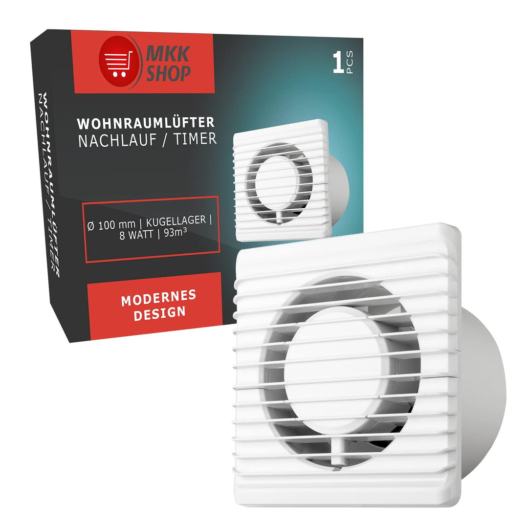 Badventilator Ø 100 mm in weiss mit Timer/Nachlauf MKK-PLANET Lüfter Ventilator Front Wandlüfter Wan
