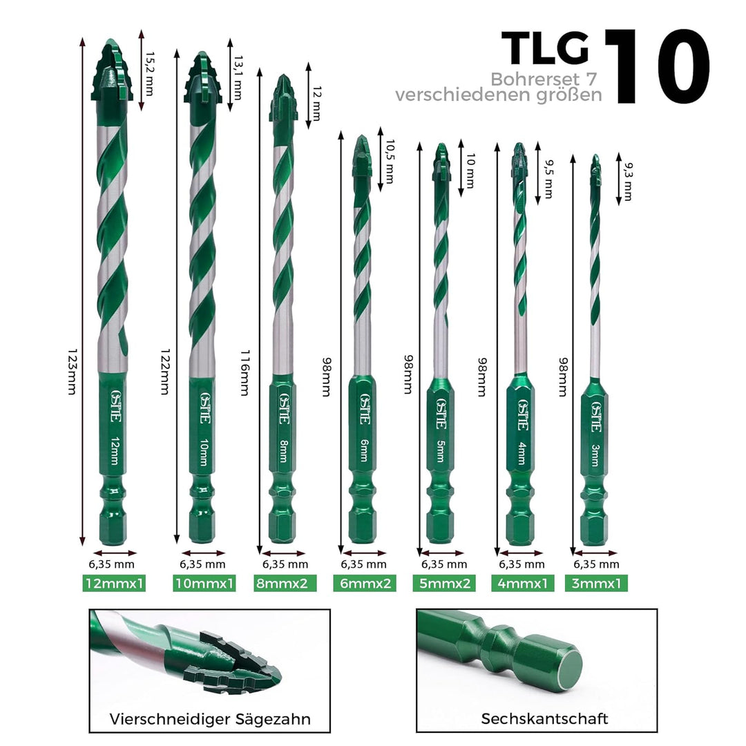 Glasbohrer Set 10 tlg, Vierschneidiger Sägezahn Exzenterbohrer mit Kobalt, Steinbohrer Set 3-12mm,6.