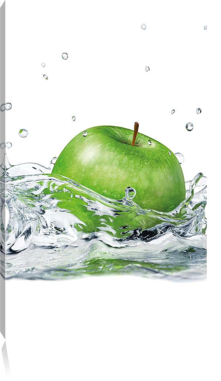 Pixxprint Grüner Apfel fällt ins Wasser, Format: 100x70 auf Leinwand, 100x70