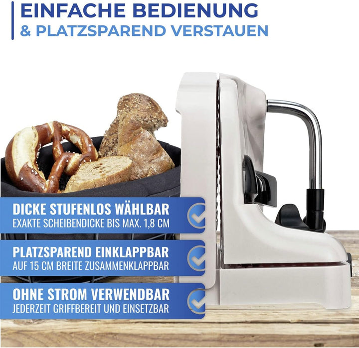 Maximex Brotschneidemaschine, geschnittenes Brot im Handumdrehen, Scheibendicke stufenlos per Hebel