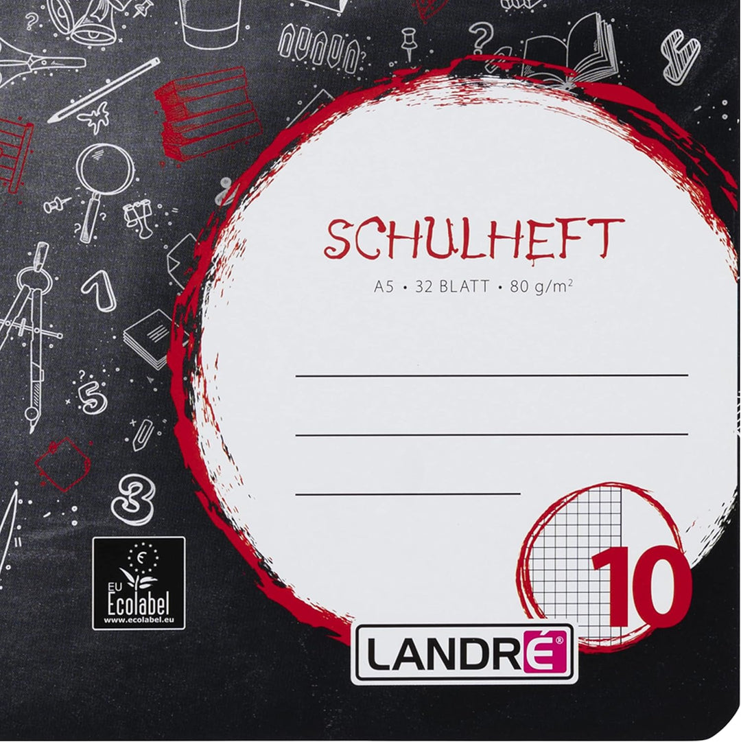 Landré Schulheft A5, 32 Blatt, Lineatur 10, kariert mit Rand, 10 Stück Lineatur 10 - kariert mit Ran