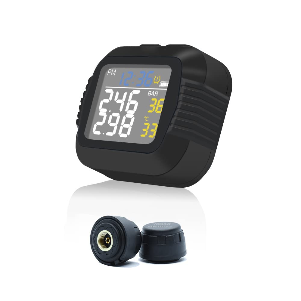Riloer Motorrad-Reifendrucküberwachungssystem TPMS mit 2 externen Sensoren Kabelloses LCD-Display US
