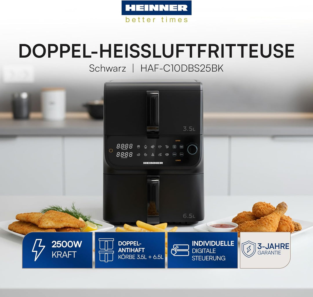 HAF-C10DBS25BK "InnovaCook" Double Air Fryer – 10L Capacity (3.5L + 6.5L), 2,500W Power, SMART COOK