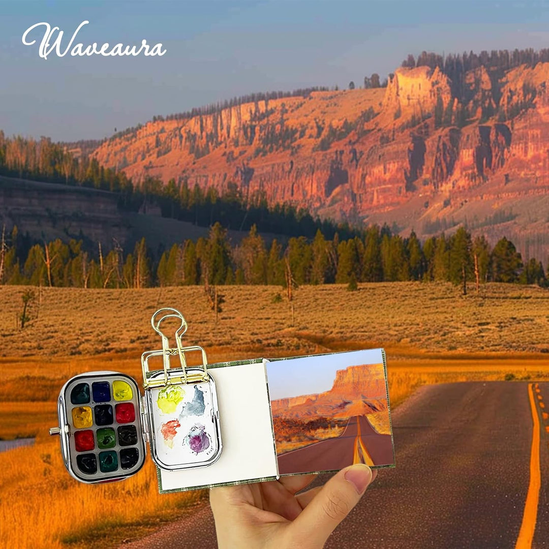 Mini Aquarell Set Unterwegs 12er Leerpalette, 6x6 cm Mini Skizzenbuch 300g/m², Wassertankpinsel & Me